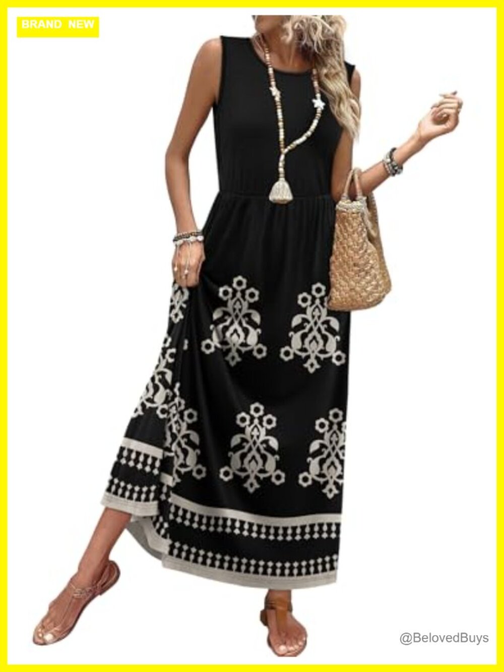 Women's Maxi Dress with Pockets Flowy Summer Sundress Sleeveless Crew Neck